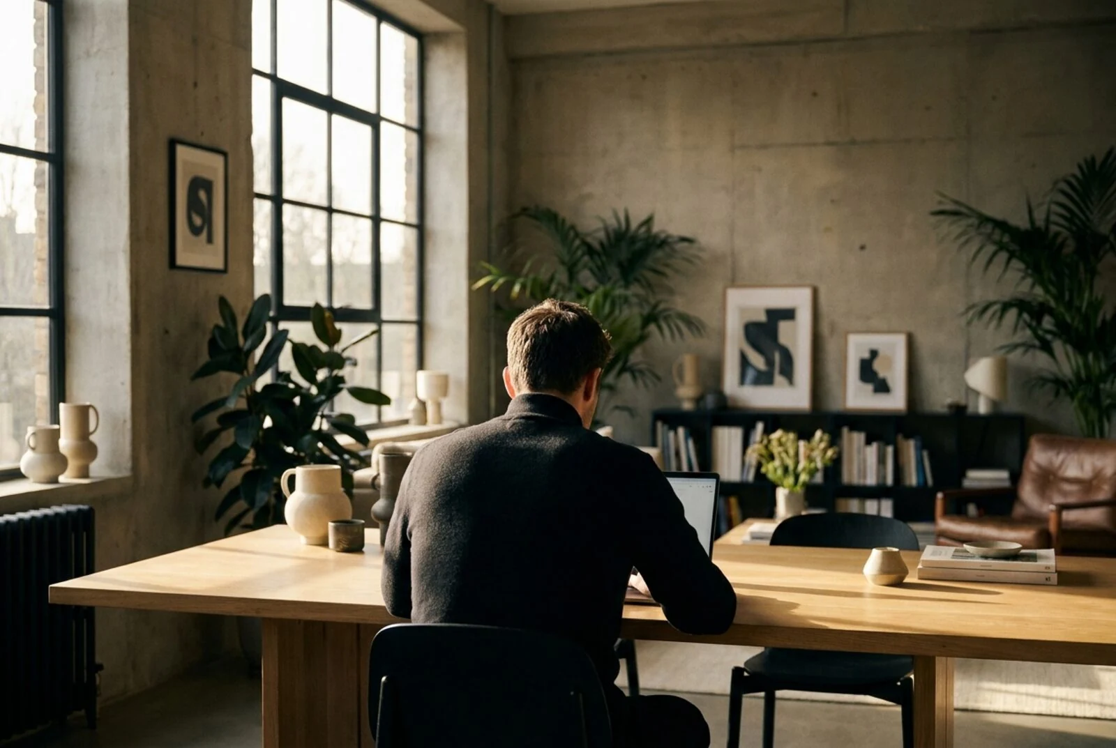 A person working at a desk beside a large window