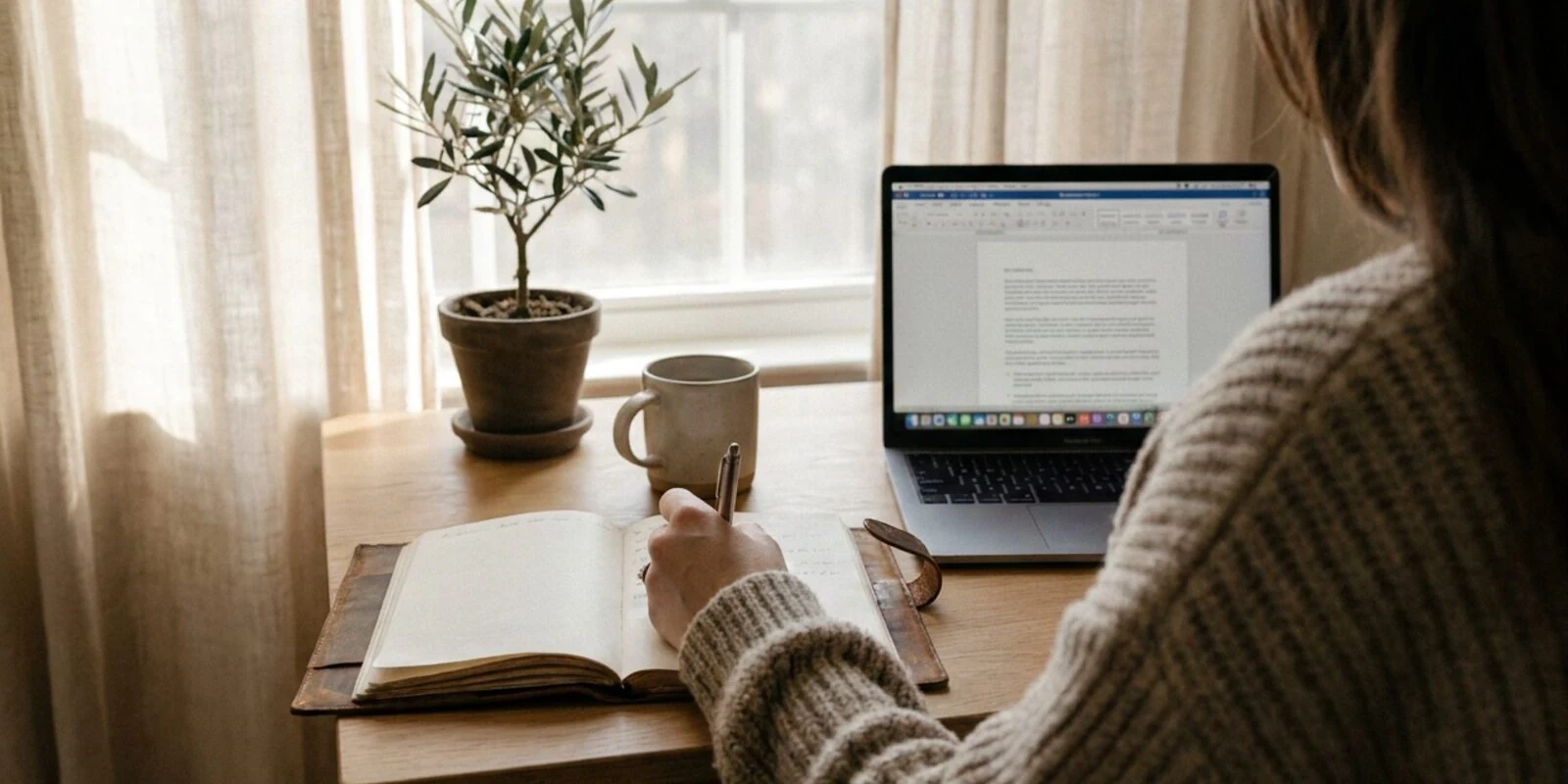 A person working on a laptop at a desk beside a window